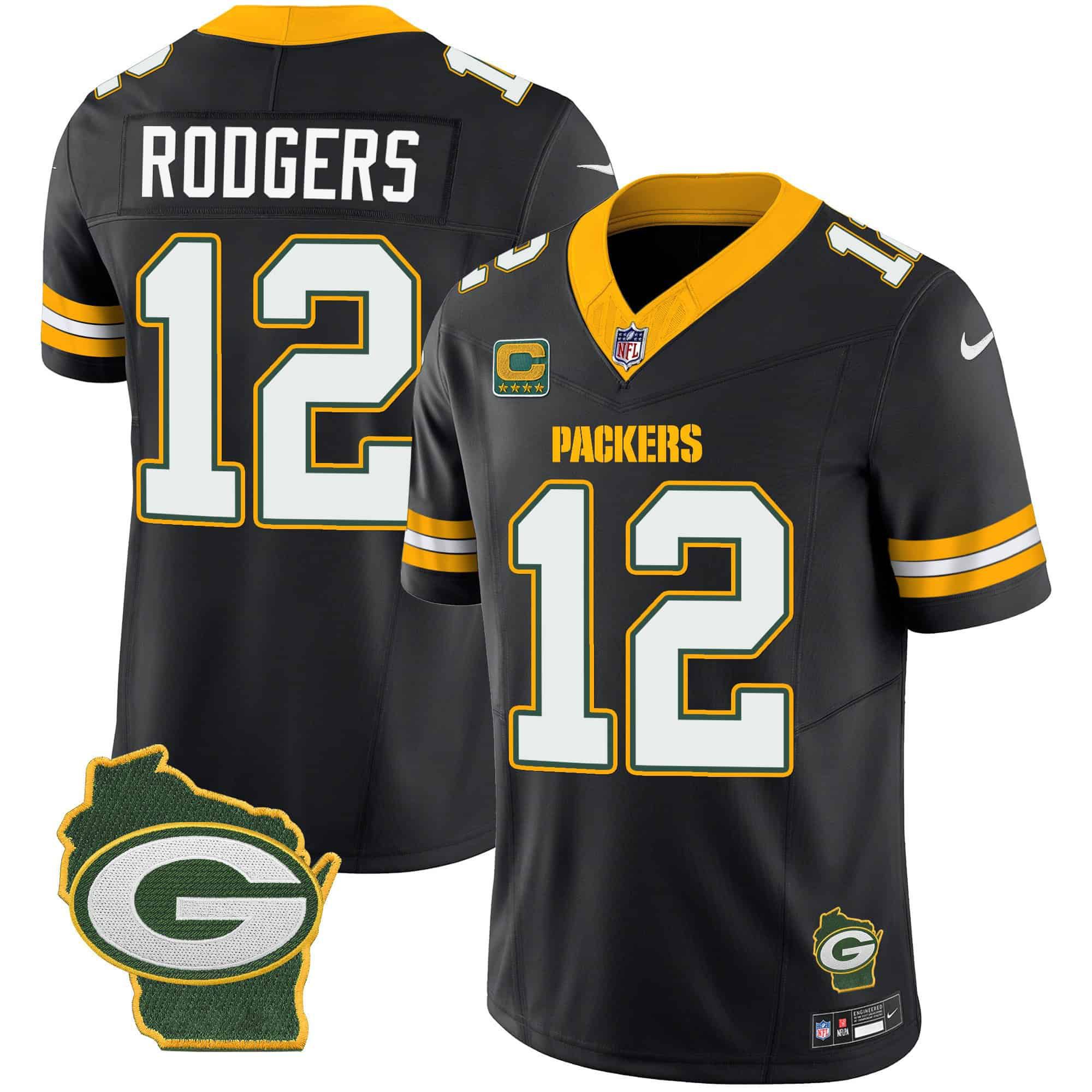 Men Green Bay Packers 12 Rodgers Black 2024 Nike Home Patch Vapor NFL Jersey style 1